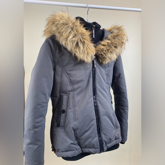 Point Zero High Neck Graphite Winter Jacket with Hooded Faux Fur Trim - Picture 3 of 14